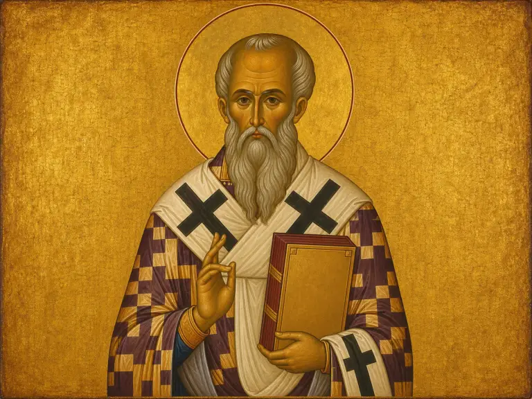 Icon of Saint Athanasius the Great in bishop's vestments holding the Gospel.