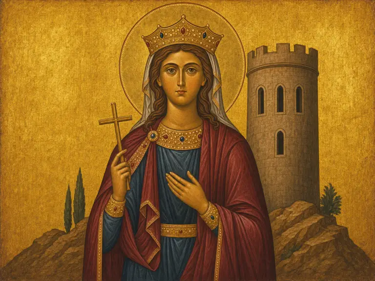 Icon of Saint Barbara crowned, holding a cross before her three-windowed tower.