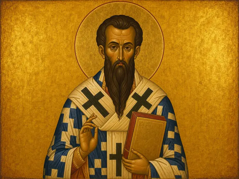 Icon of Saint Basil the Great with his long dark beard, holding the Gospel.