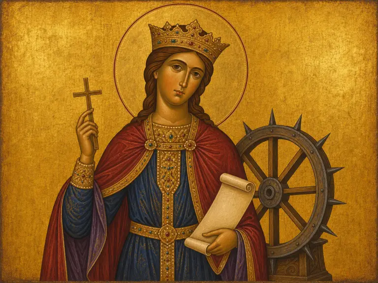 Icon of Saint Catherine of Alexandria in royal robes beside the spiked wheel.