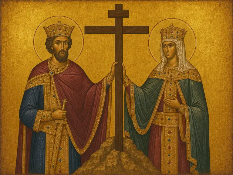 Icon of Saints Constantine and Helen flanking the True Cross.