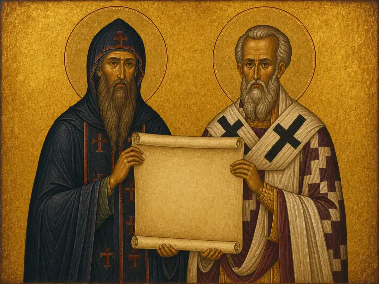 Icon of Saints Cyril and Methodius holding one scroll between them.
