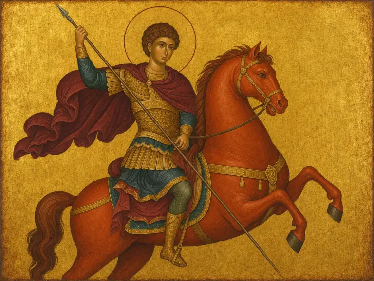 Icon of Saint Demetrios on a red horse with his spear.