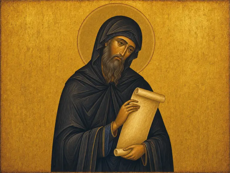 Icon of Saint Ephraim the Syrian bowed in compunction with a scroll of hymns.