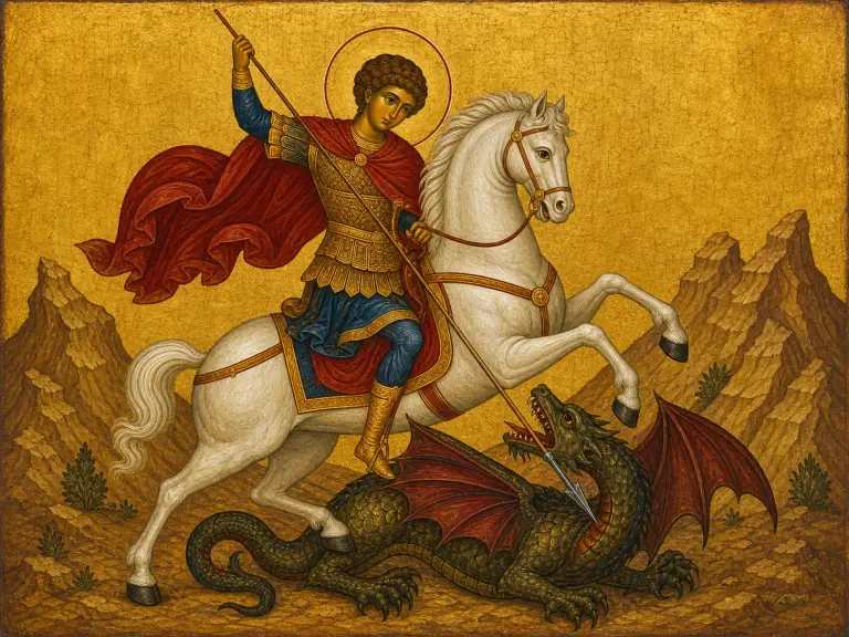 Icon of Saint George on a white horse, spearing the dragon.