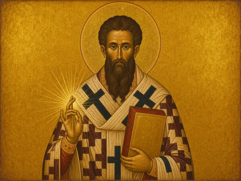 Icon of Saint Gregory Palamas blessing, with the uncreated light.