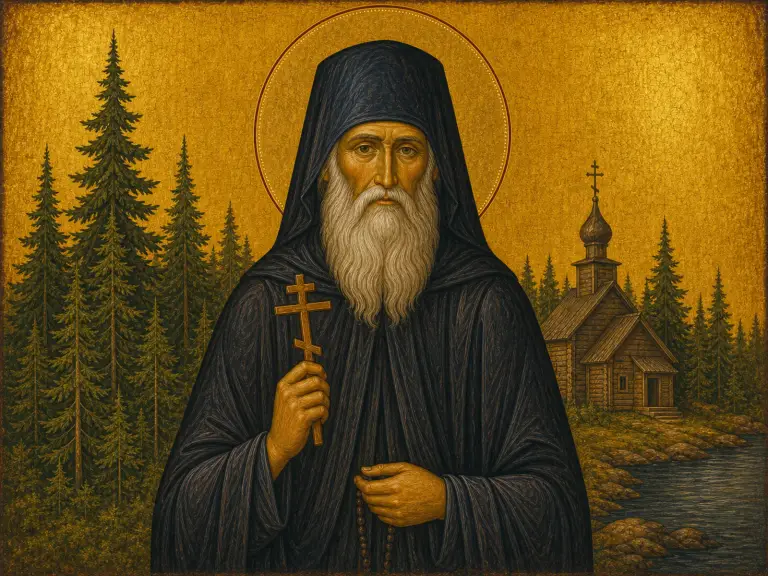 Icon of Saint Herman of Alaska with a small cross before Spruce Island.