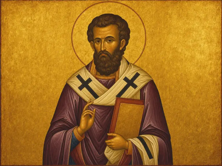 Icon of the hieromartyr Irenaeus of Lyons holding the Gospel book.