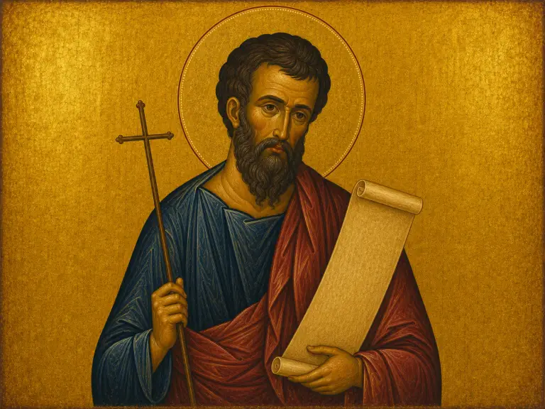 Icon of Saint James the son of Zebedee holding a scroll and martyr's cross.
