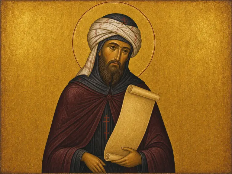 Icon of Saint John of Damascus wearing his head covering, holding a scroll of hymns.