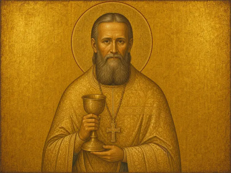 Icon of Saint John of Kronstadt in priestly vestments holding a chalice.