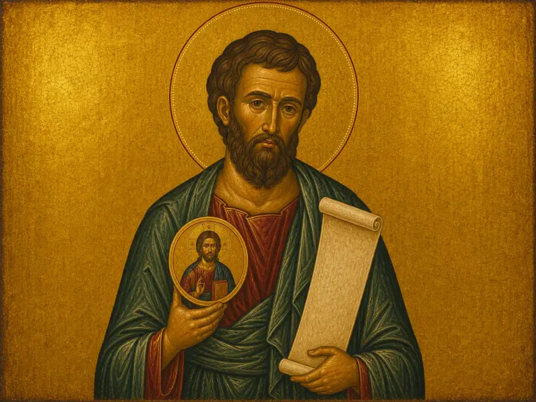 Icon of Saint Jude Thaddaeus holding a scroll and small icon of Christ.