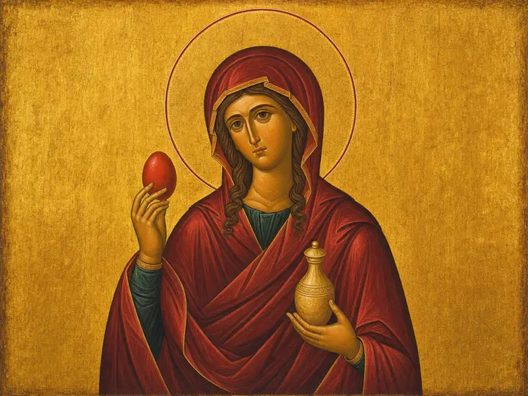 Icon of Saint Mary Magdalene holding the red egg and a vessel of myrrh.