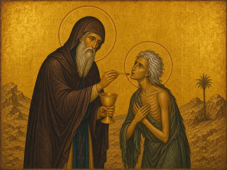Icon of Saint Mary of Egypt, the desert penitent, receiving Communion from Saint Zosimas.