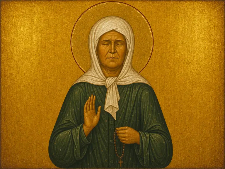Icon of Blessed Matrona of Moscow, eyes closed, in a white headscarf.