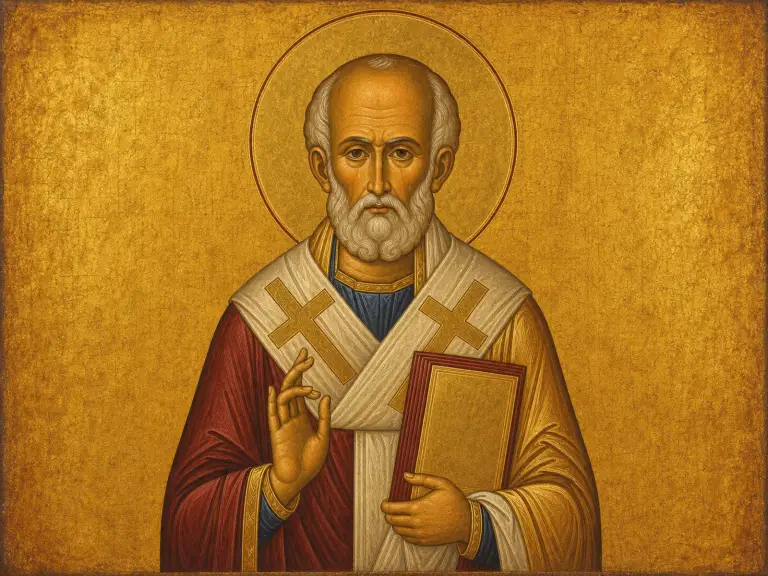 Icon of Saint Nicholas of Myra blessing, holding the Gospel book.