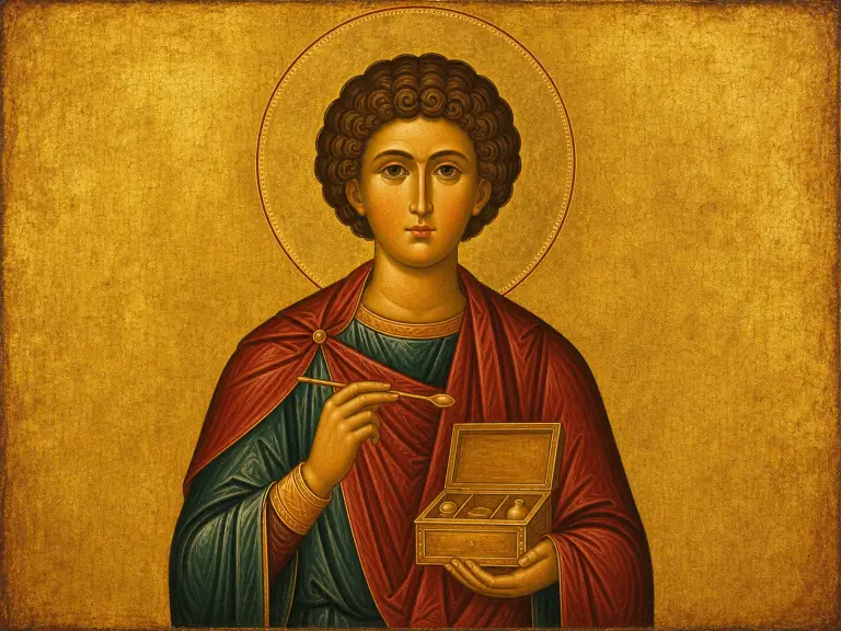 Icon of Saint Panteleimon the healer with his medicine box and spoon.