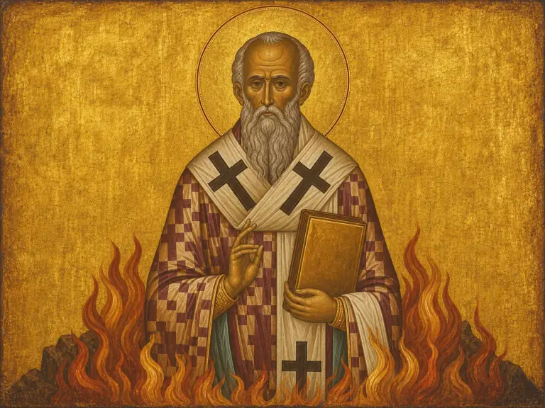 Icon of the hieromartyr Polycarp of Smyrna holding the Gospel, flames at his feet.