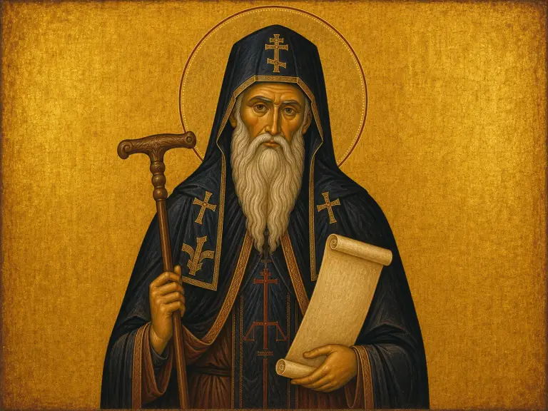 Icon of Saint Sabbas the Sanctified with scroll and abbot’s staff.