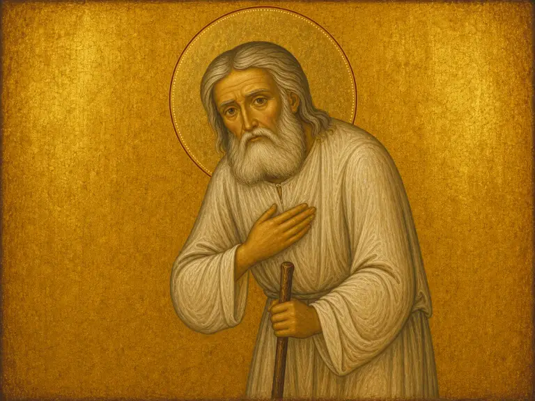 Icon of Saint Seraphim of Sarov, a stooped white-bearded elder leaning on a staff.