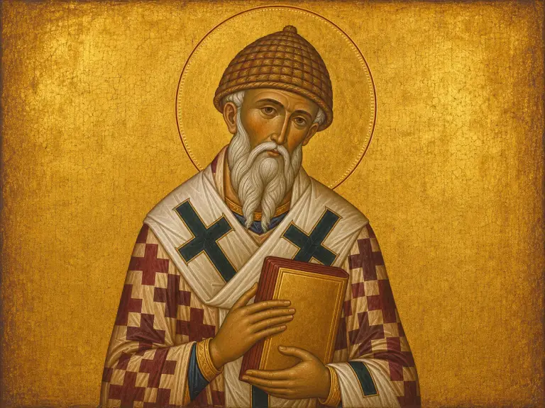 Icon of Saint Spyridon in his woven shepherd’s cap, holding the Gospel.