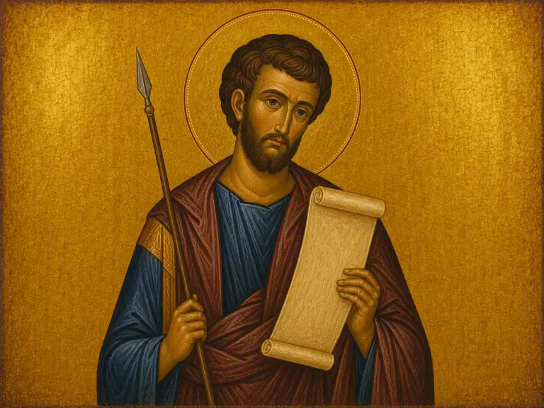 Icon of Saint Thomas the Apostle holding a scroll and martyr's spear.