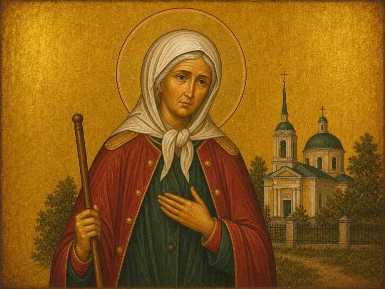 Icon of Blessed Xenia of Saint Petersburg in the red-and-green army jacket, with staff.